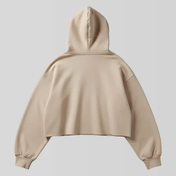 Cropped beige blank hoodie back view.