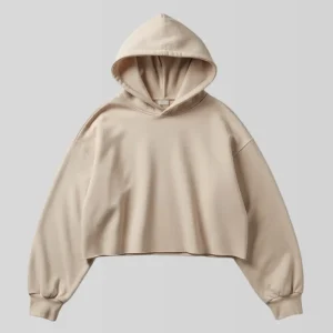 Cropped beige blank hoodie front view.
