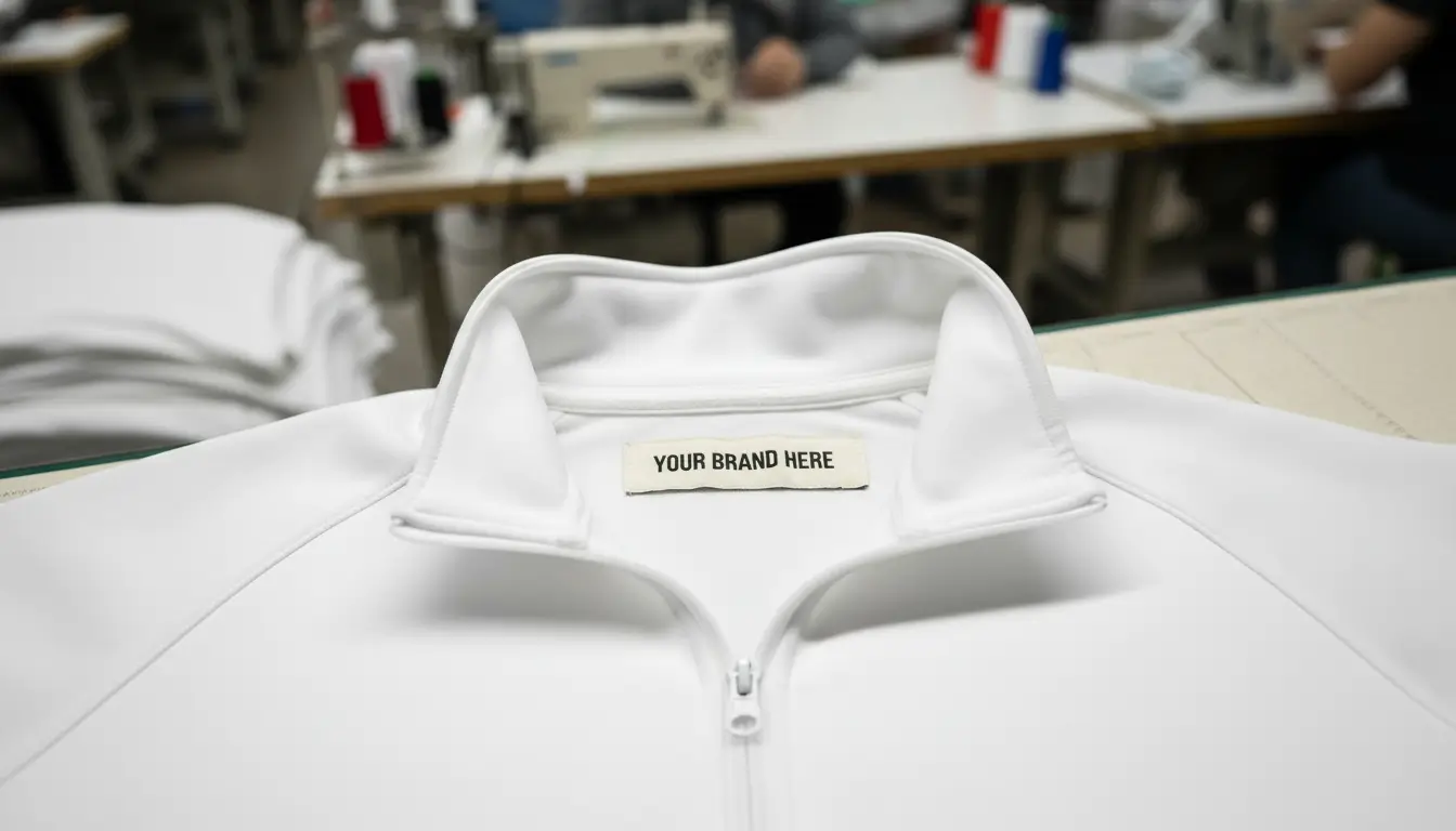 Closeup of a custom neck label blank white quarter-zip track jacket in a custom apparel manufacturing unit.