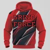 Front view of a red and black custom basketball hoodie with "GRIND FORCE" text and sharp geometric graphic elements.