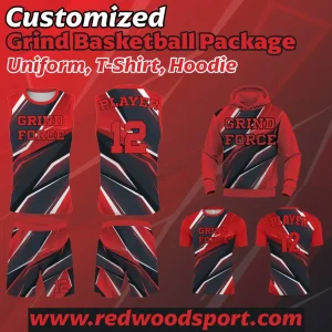 Custom grind basketball package including uniform, hoodie, and T‑shirt.