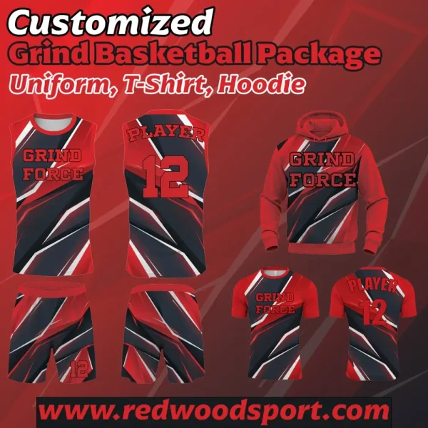 Custom grind basketball package including uniform, hoodie, and T‑shirt.