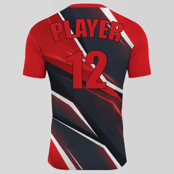 Back view of a custom red and black short sleeve basketball jersey featuring the name "PLAYER" and number "12" with a geometric shard pattern.
