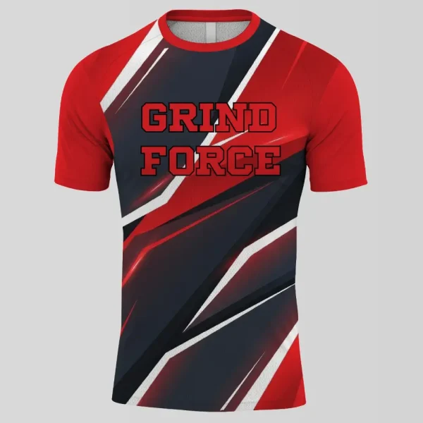 Front view of a short sleeve custom basketball jersey with "GRIND FORCE" logo and red, black, and white shard graphics.