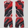 Full custom basketball uniform set showing front and back views of a jersey and shorts in a red and black "Grind Force" shard design.