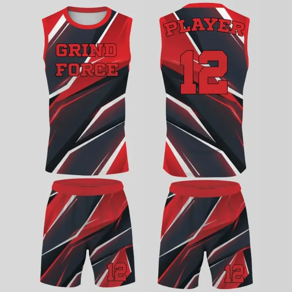 Full custom basketball uniform set showing front and back views of a jersey and shorts in a red and black "Grind Force" shard design.