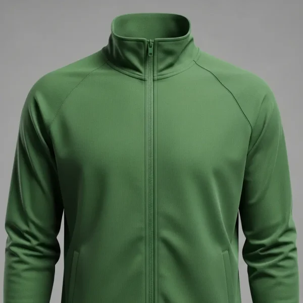 Closeup of green raglan sleeves track jacket.