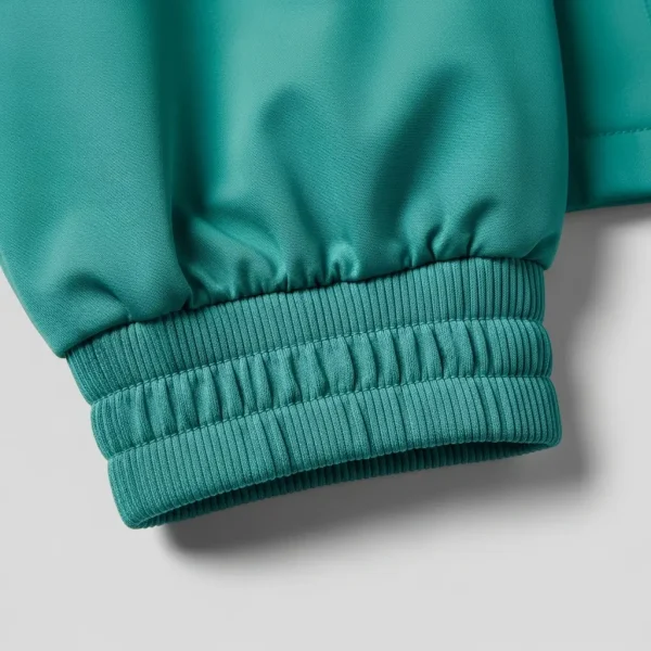 Greenish cyan elastic binding hem closeup.