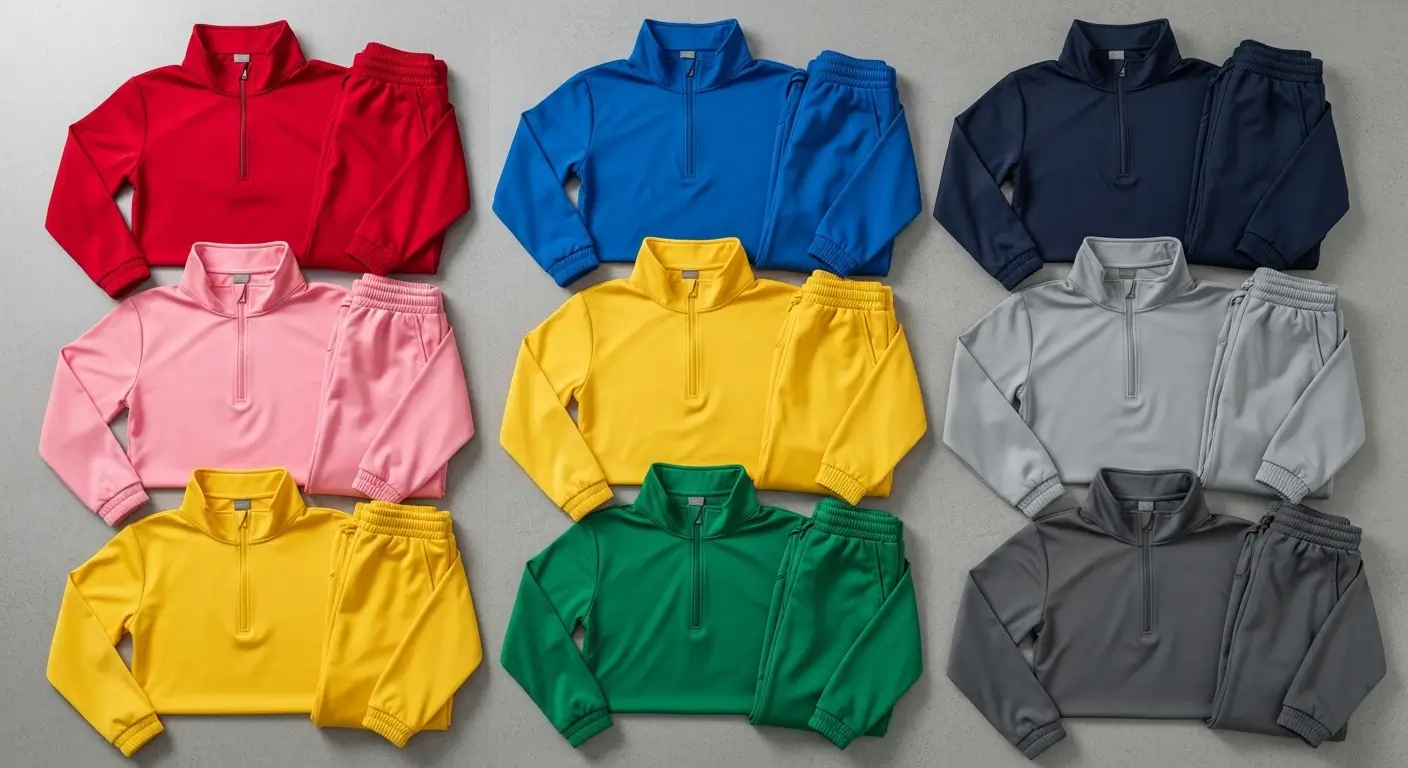 Flay lay of 9 different solid colors blank tracksuits.