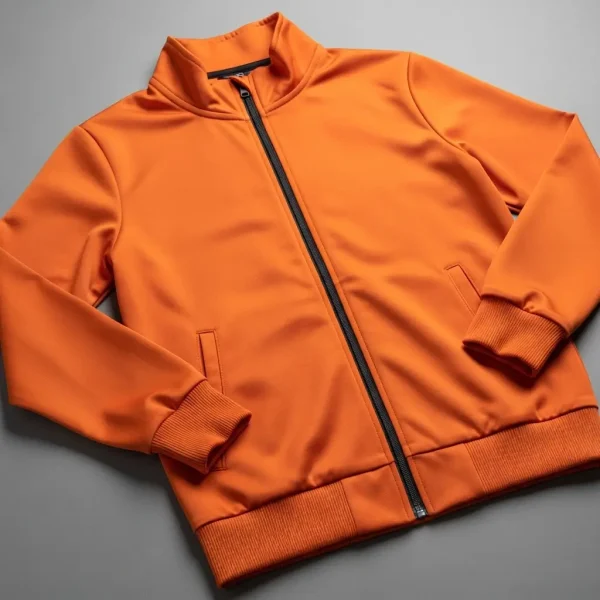 Flat lay shot of an orange full zipper track jacket.