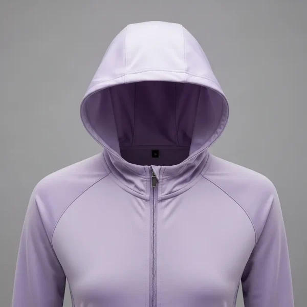 Purple hooded full-zipper hooded track jacket closeup.