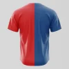 Full button red and blue two-tone baseball jersey back.