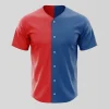 Full button red and blue two-tone baseball jersey front.