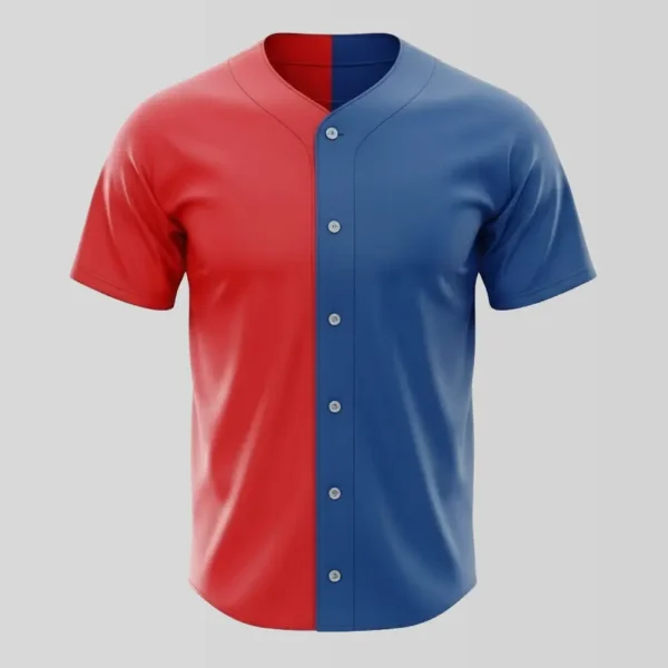 Full button red and blue two-tone baseball jersey front.