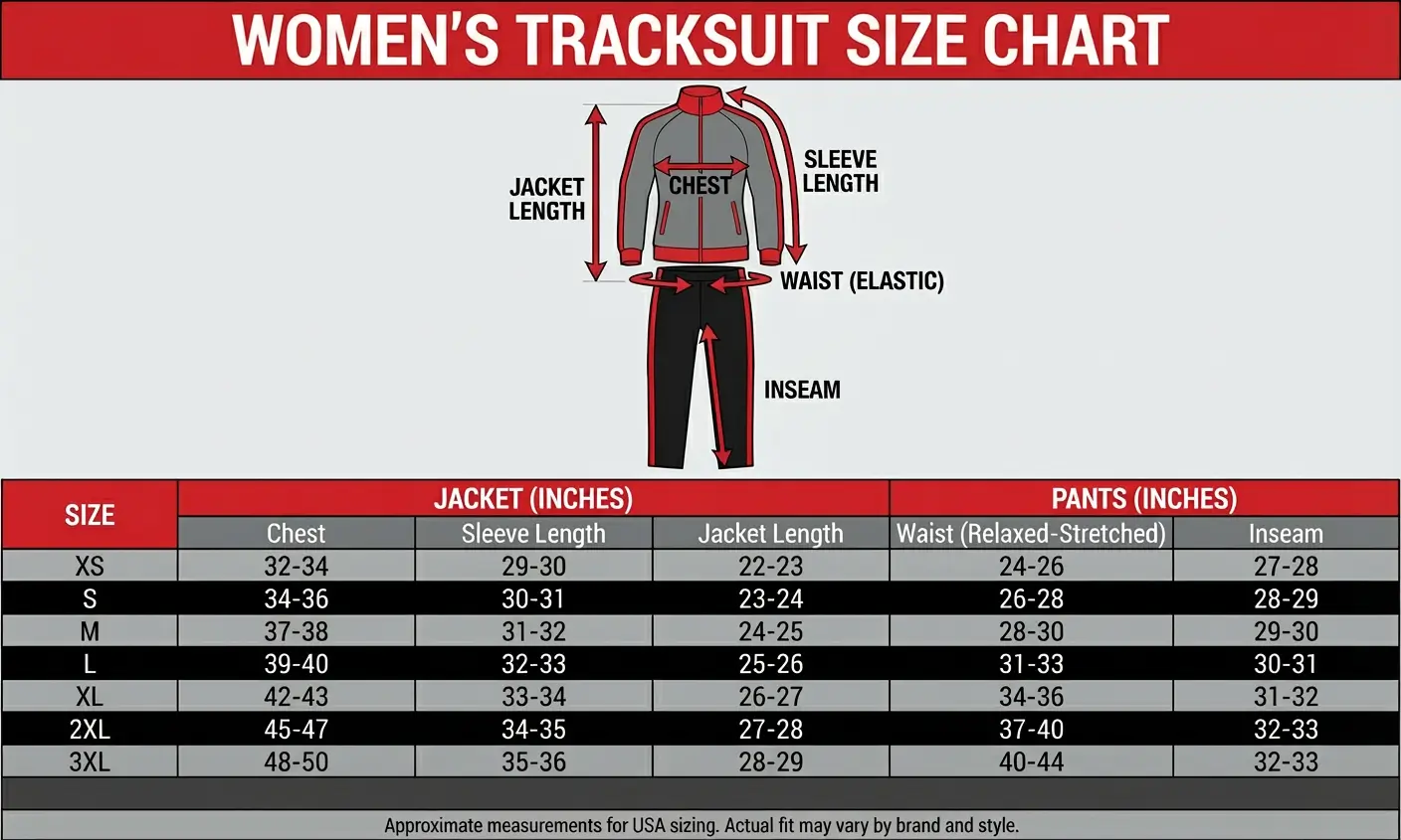 USA standard women's tracksuit size chart.