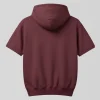 Short sleeve maroon blank hoodie front view.