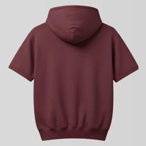 Short sleeve maroon blank hoodie front view.