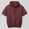 Short sleeve maroon blank hoodie back view.