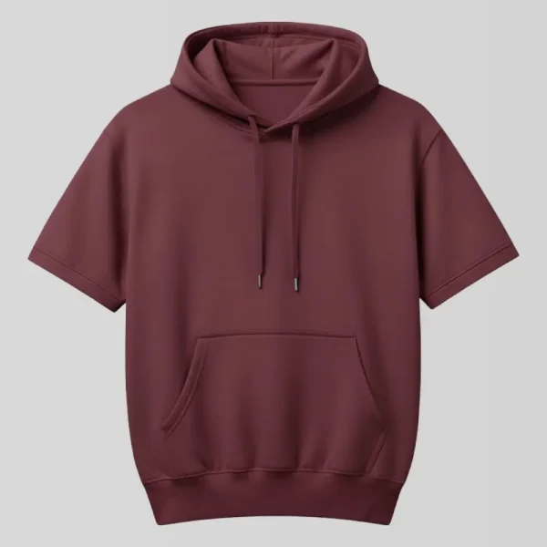 Short sleeve maroon blank hoodie back view.