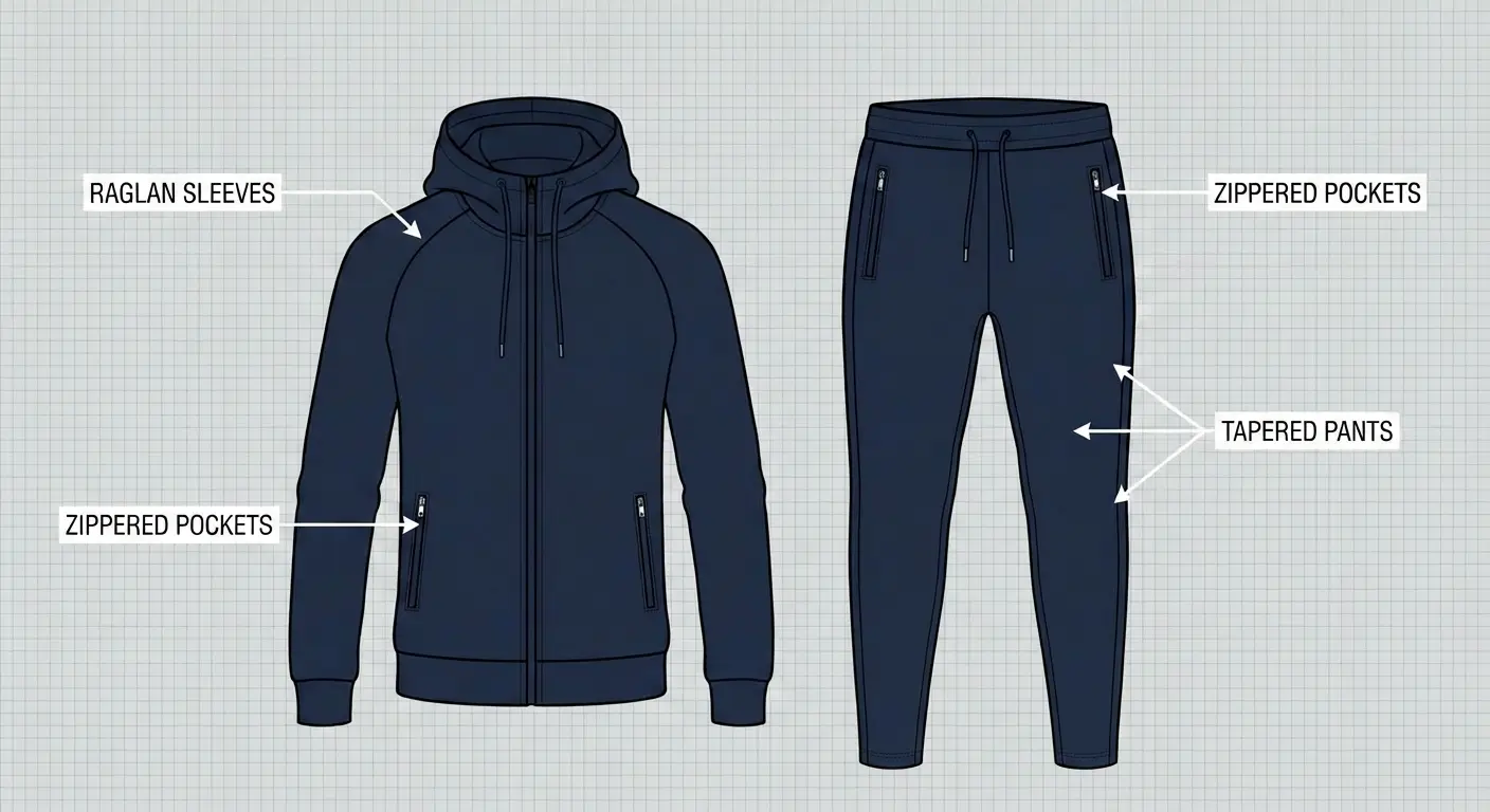 Infographic with labels showing a standing tracksuit.