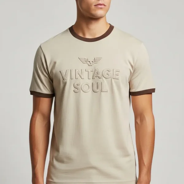 Beige embossed ringer t-shirt.