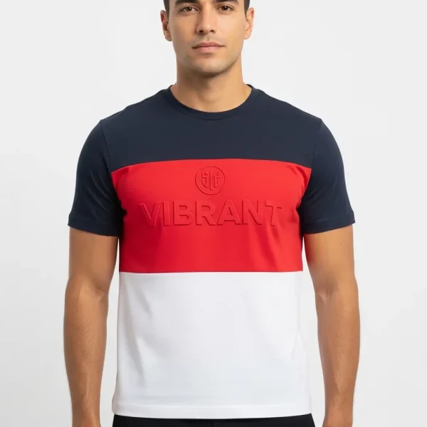 Black, red, white color block embossed t-shirt.