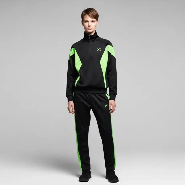 Custom black tracksuit with green contrast side paneling