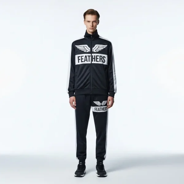 Black custom tracksuit with white wings logo and "FEATHERS" text.