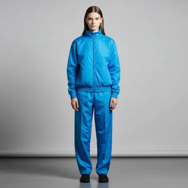 Woman standing in a solid bright blue monochrome nylon tracksuit with a full-zip jacket and matching trousers.