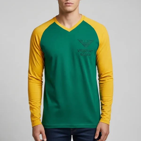 A green t-shirt with yellow raglan sleeves and text and logo embossed on the chest.