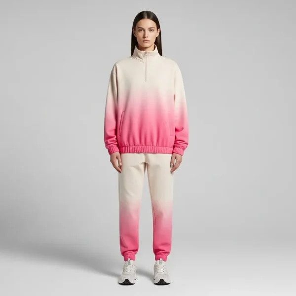 Woman wearing custom cream, pink ombre tracksuit