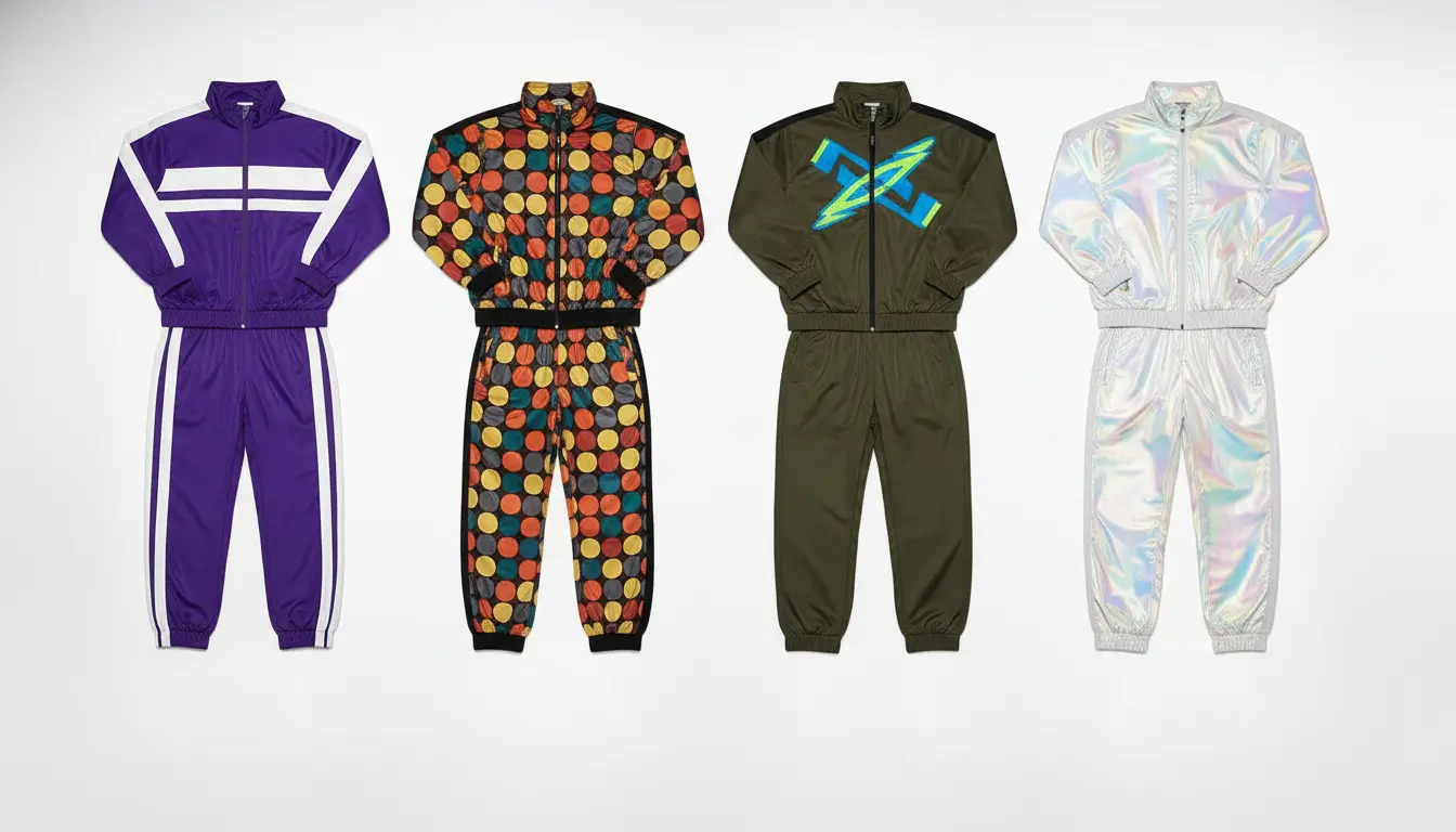 Four custom nylon tracksuits in purple stripe, multicolor polka dot, olive graphic, and iridescent reflective designs displayed side by side