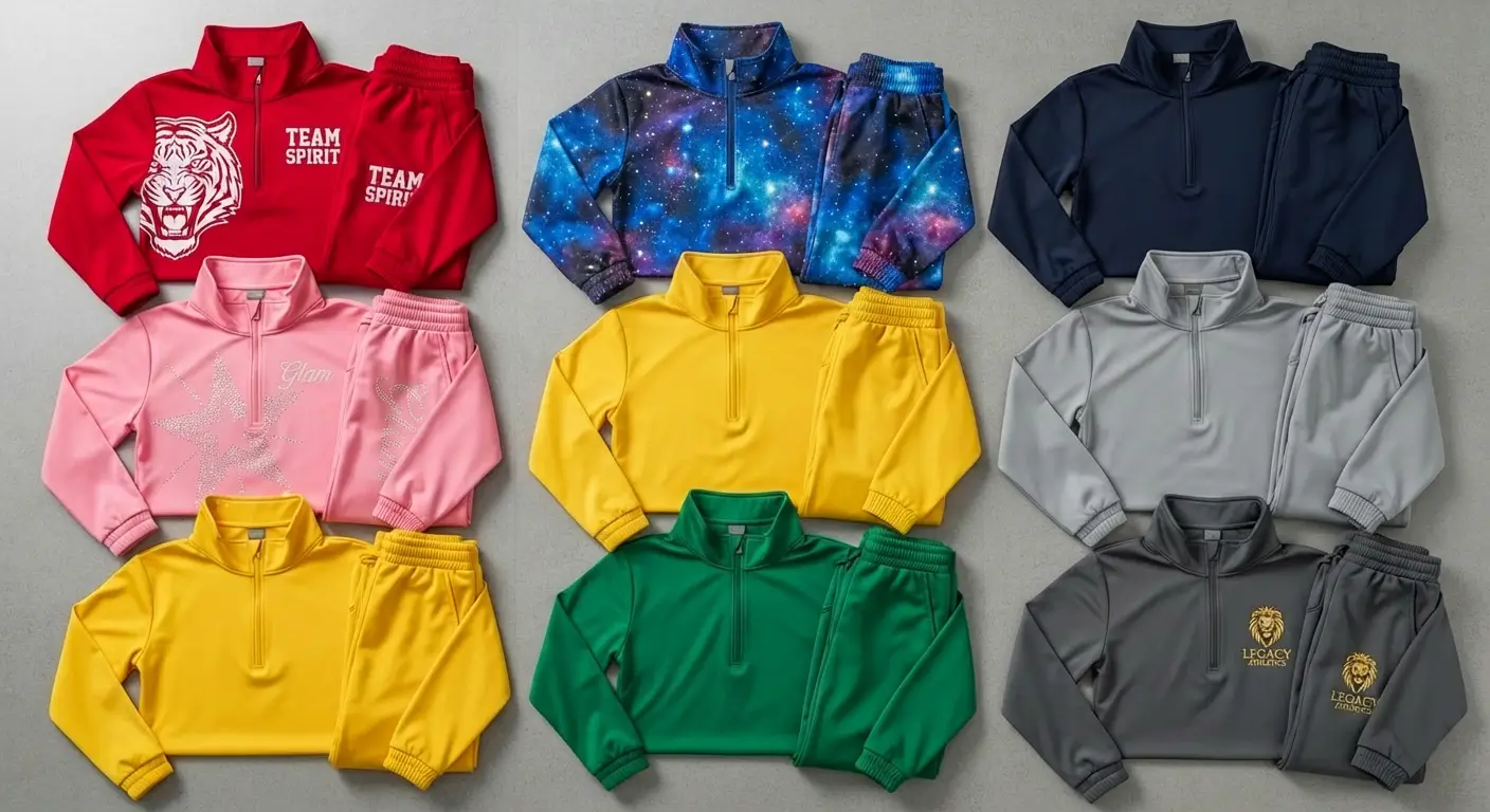 Flay lay of multiple solid color, sublimated, embroidered, and rhinestones custom tracksuits.