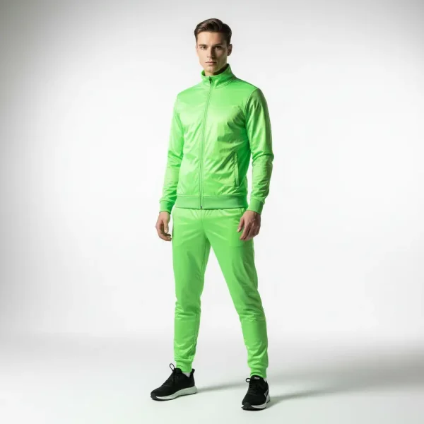 Full body shot of a man in a lime green athletic fit nylon tracksuit and black sneakers.