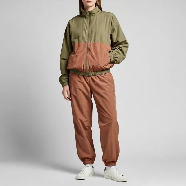 Woman wearing a two-tone nylon tracksuit in muted olive green and clay brown earth tones.