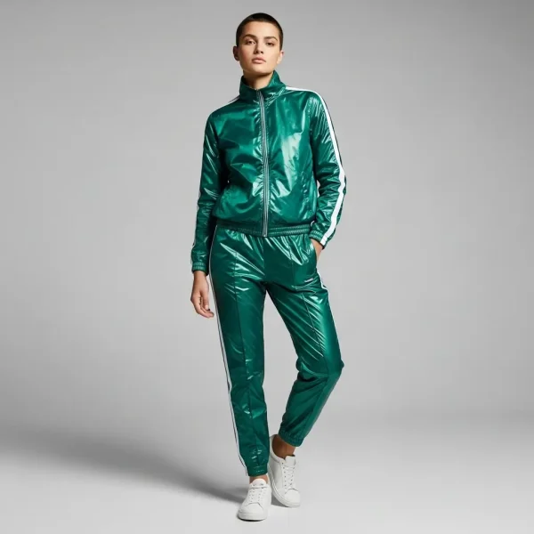 Woman posing in a metallic green shiny nylon tracksuit featuring classic white racing stripes down the sleeves and legs.