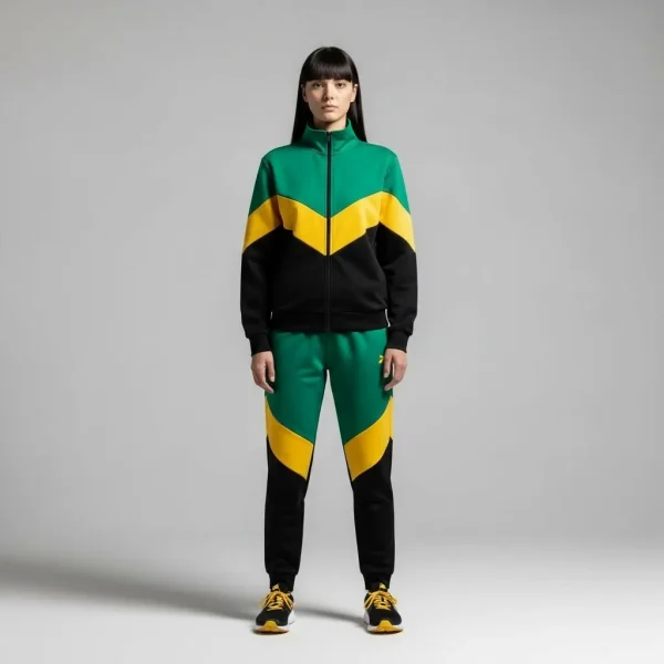 Woman wearing green yellow color block custom tracksuit