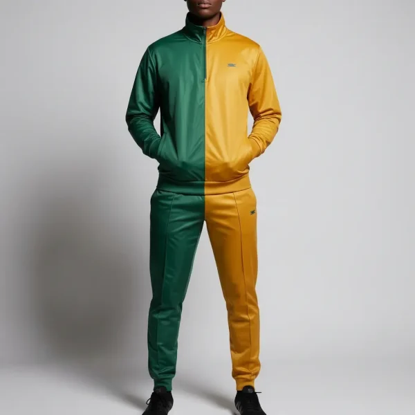 Man wearing a unique two-tone nylon tracksuit with a vertical split design in forest green and golden yellow.
