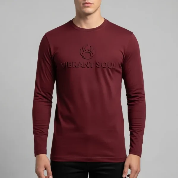 Maroon full sleeves embossed t-shirt.