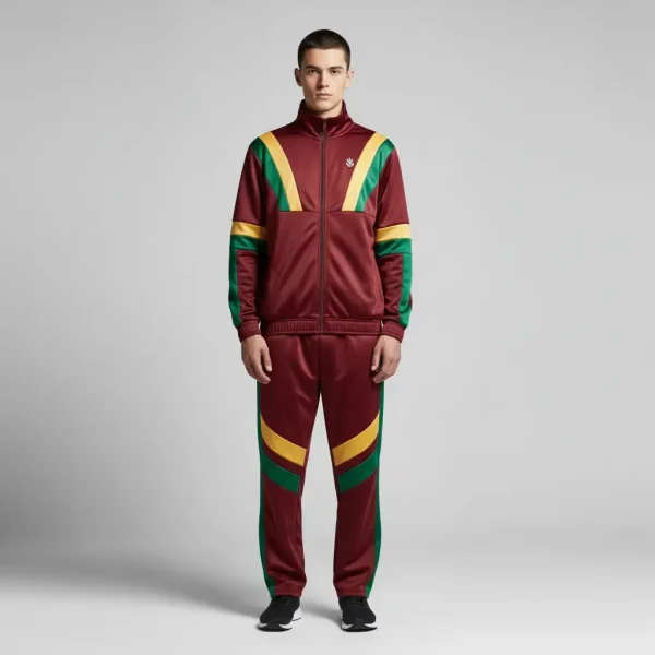 Man in a maroon nylon tracksuit featuring vibrant green and yellow chevron-style neon accents on the chest and legs.