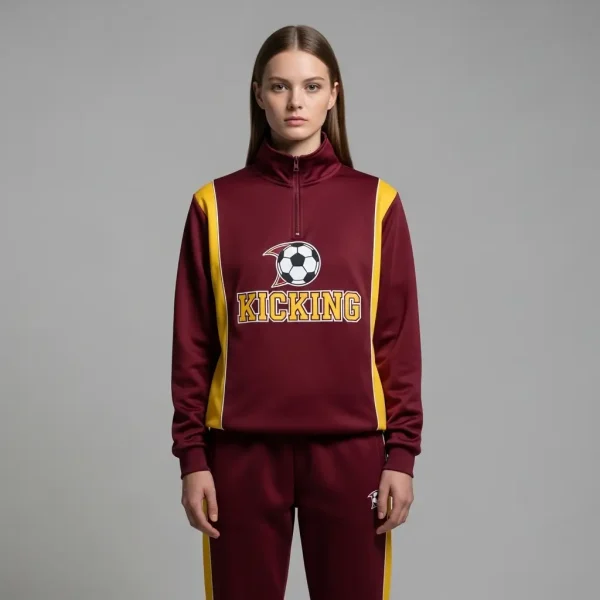 Custom maroon tracksuit with yellow paneling and soccer ball printed logo with "KICKING" text.