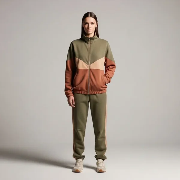 A muted, earth tones color-block custom tracksuit.