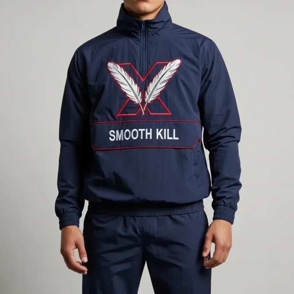 Close-up of a navy blue nylon jacket with embroidered feathers and "SMOOTH KILL" text.
