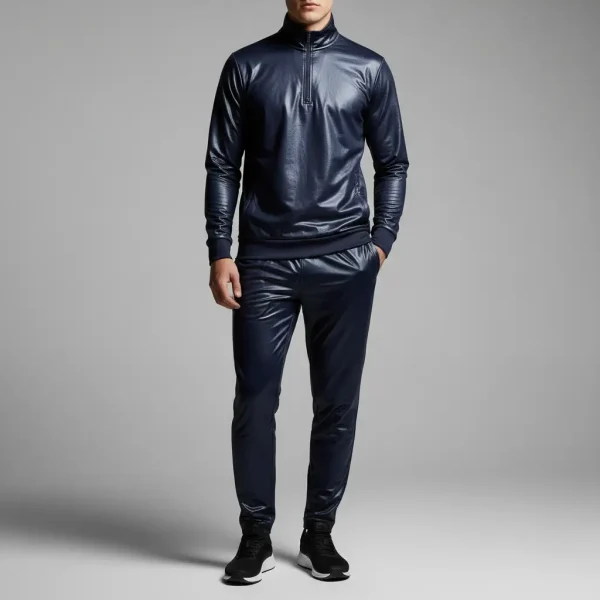 Male model wearing a navy blue tracksuit made of shiny, reflective nylon material.
