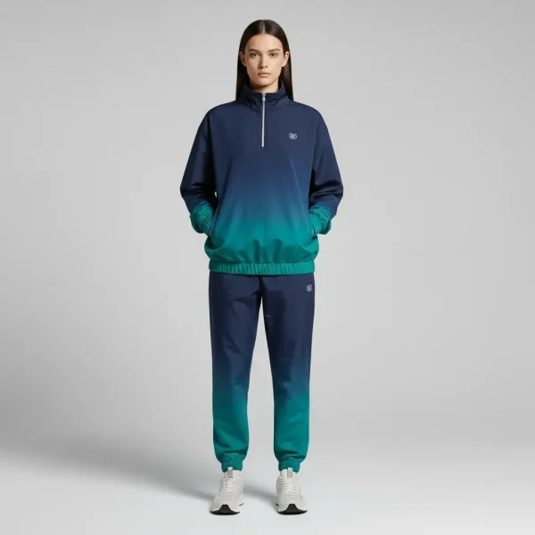 Woman wearing a nylon tracksuit with a smooth color gradient fading from deep navy blue to bright cyan.