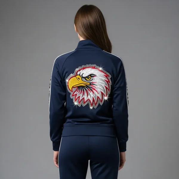 Custom women navy tracksuit back with eagle face logo embroidered on it and rhinestones around and on the logo.