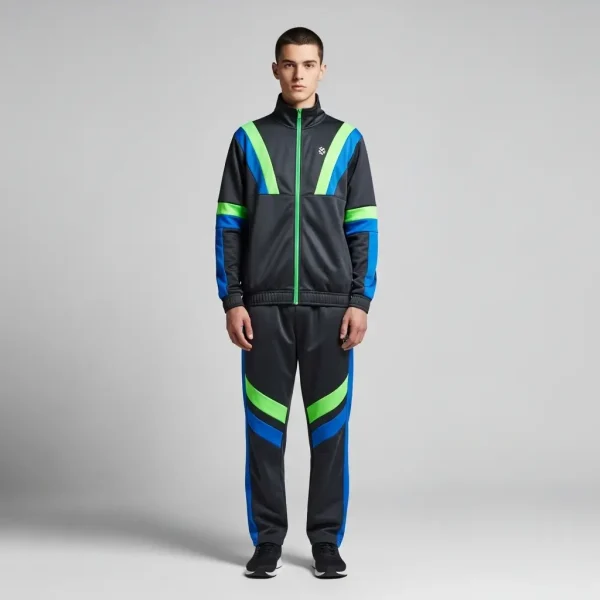 Black custom tracksuit with blue and green neon stripe panels