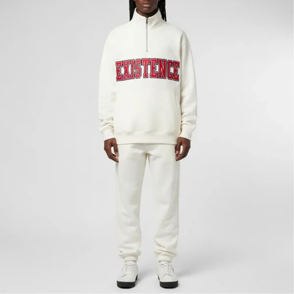 Off-white custom tracksuit with "EXISTENCE" embroidered on it.