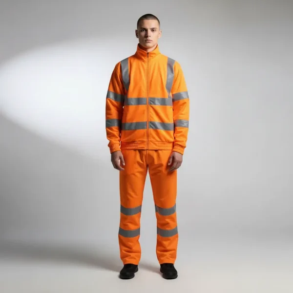 Man wearing an orange high-visibility nylon tracksuit with silver reflective safety strips on the jacket and pants.