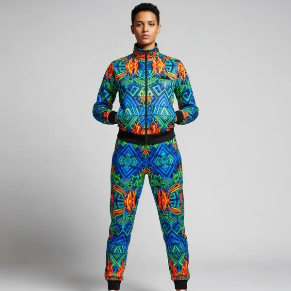 A woman wearing sublimated all-over-printed tracksuit.